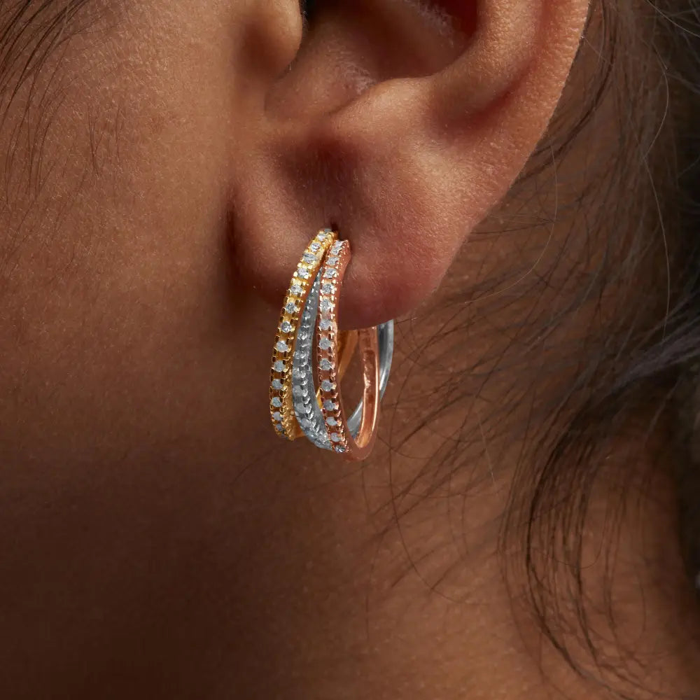 14k tri-color gold 1/3 cttw diamond triple hoop earrings 22mm bijoux-nyc direct