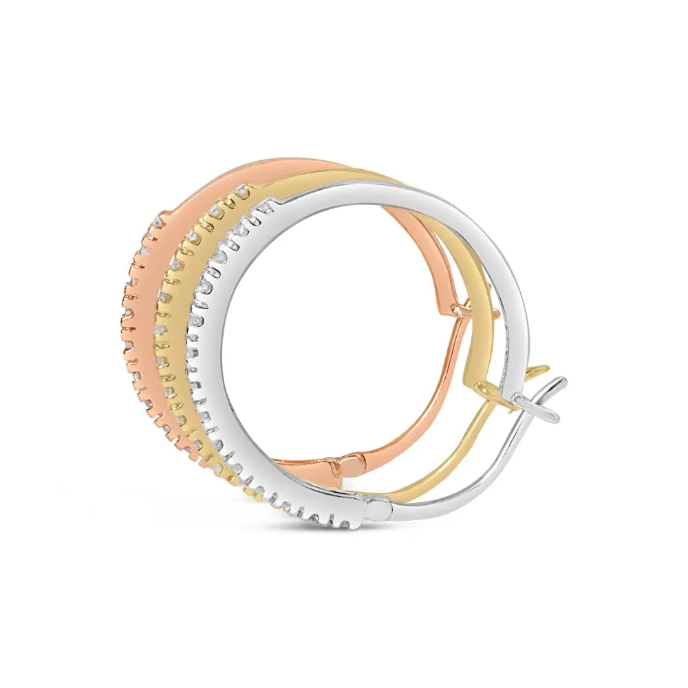 14k tri-color gold 1/3 cttw diamond triple hoop earrings 22mm bijoux-nyc direct