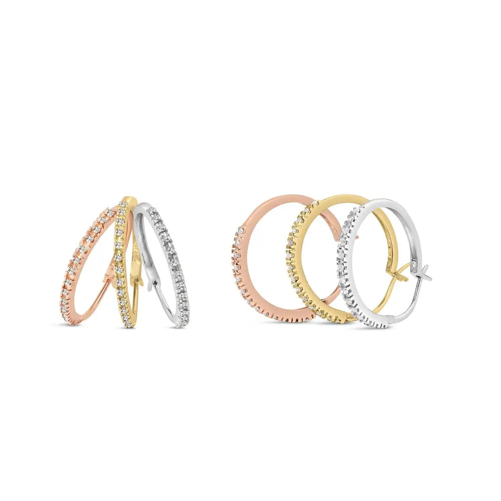 14k tri-color gold 1/3 cttw diamond triple hoop earrings 22mm bijoux-nyc direct