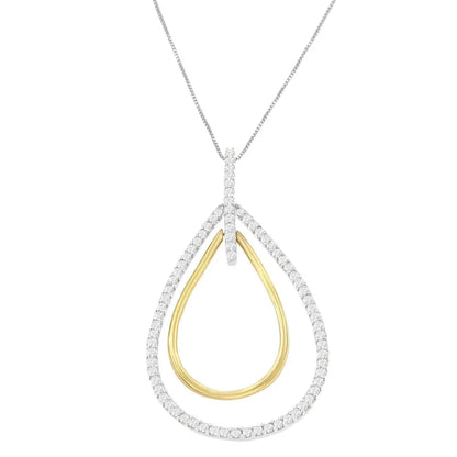 14K Two-Tone Gold Round Cut Diamond Double Burst Pendant Necklace (1.00 cttw, H-I Color, SI2-I1 Clarity) - Bijoux-NYC Direct
