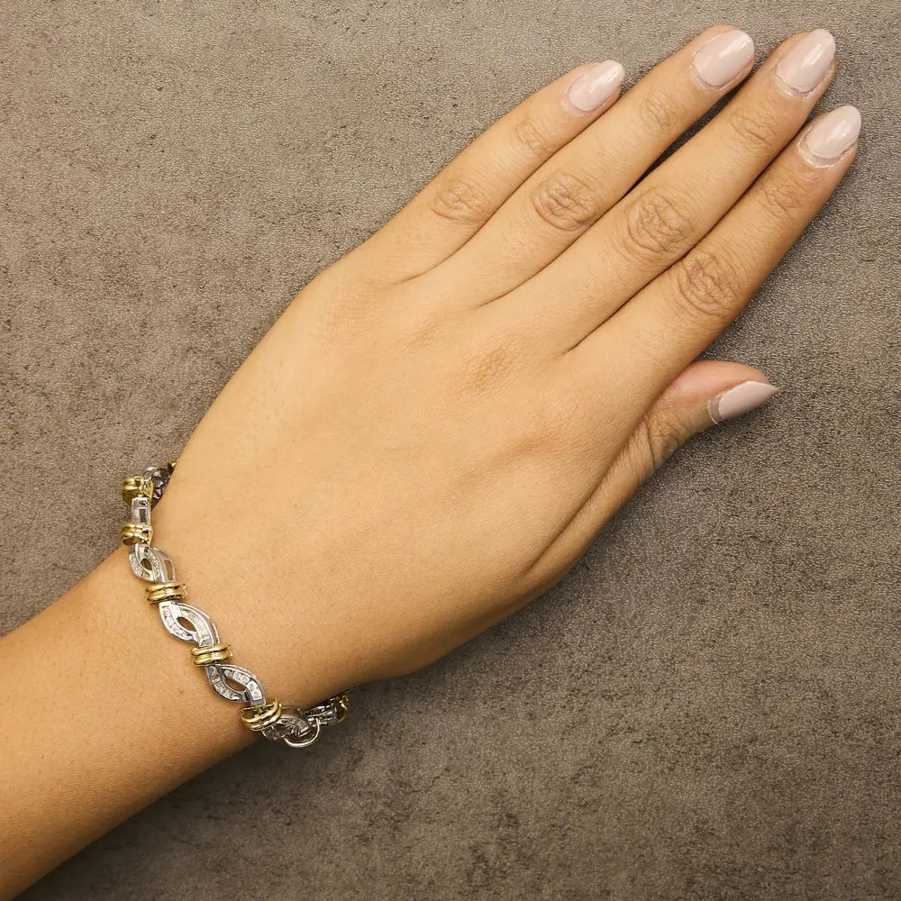 14k two toned gold 2.00 cttw diamond bypass and swirl link bracelet (h i color si1 si2 clarity) 7’’ inches