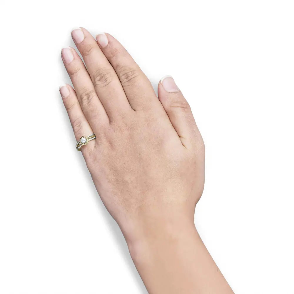 14K Two-Toned Gold Diamond 3/8 Cttw Diamond Split Shank and Beaded Halo Engagement Ring (G-H Color, VS2-SI1 Clarity) - Size 7 - Bijoux-NYC Direct