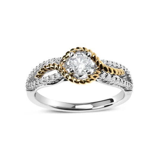 14K Two-Toned Gold Diamond 3/8 Cttw Diamond Split Shank and Beaded Halo Engagement Ring (G-H Color, VS2-SI1 Clarity) - Size 7 - Bijoux-NYC Direct