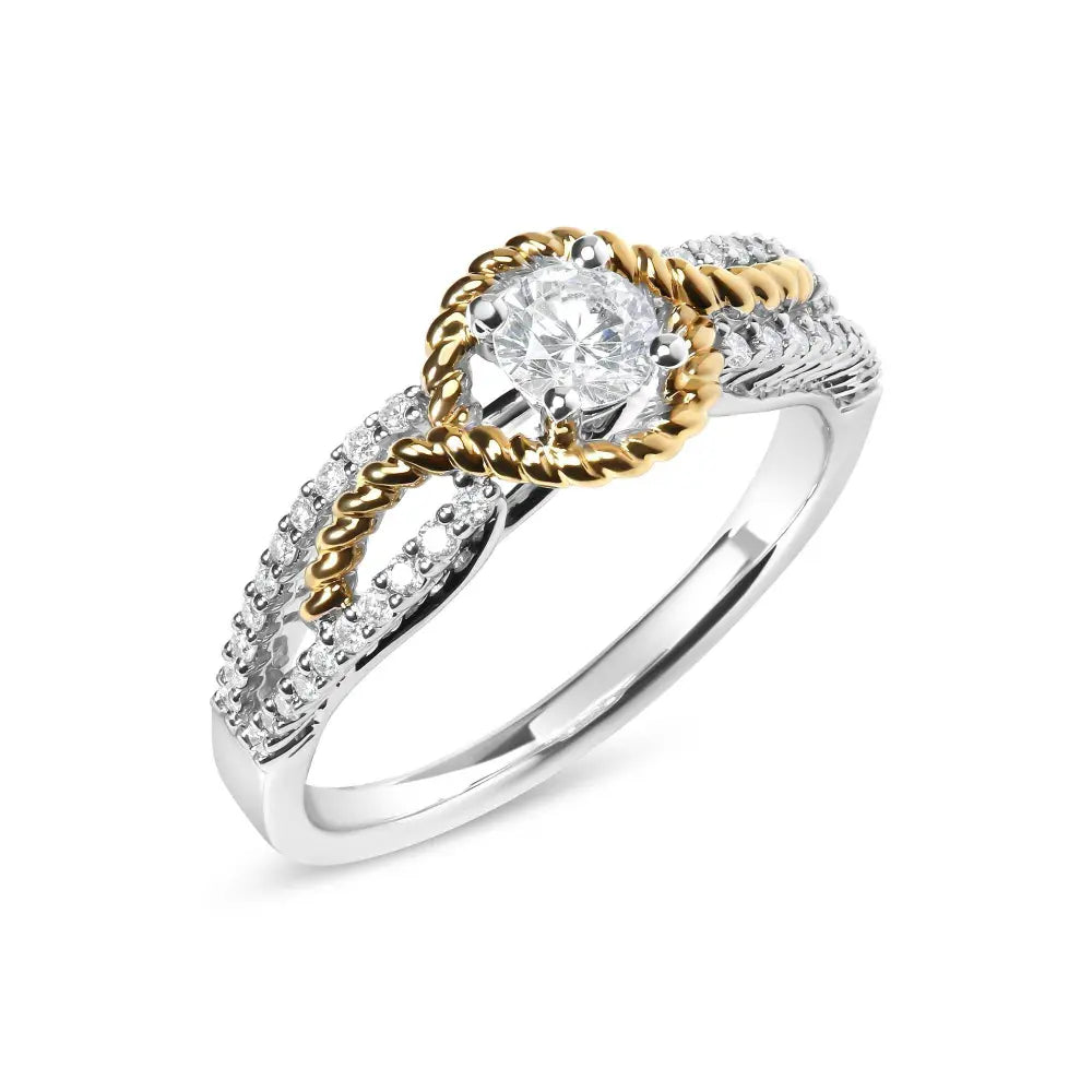 14K Two-Toned Gold Diamond 3/8 Cttw Diamond Split Shank and Beaded Halo Engagement Ring (G-H Color, VS2-SI1 Clarity) - Size 7 - Bijoux-NYC Direct