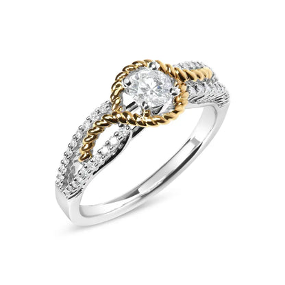 14K Two-Toned Gold Diamond 3/8 Cttw Diamond Split Shank and Beaded Halo Engagement Ring (G-H Color, VS2-SI1 Clarity) - Size 7 - Bijoux-NYC Direct