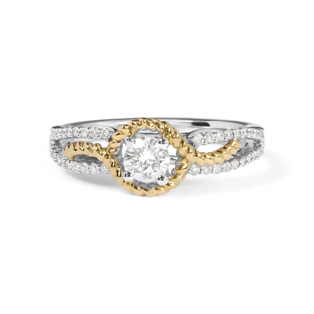 14K Two-Toned Gold Diamond 3/8 Cttw Diamond Split Shank and Beaded Halo Engagement Ring (G-H Color, VS2-SI1 Clarity) - Size 7 - Bijoux-NYC Direct