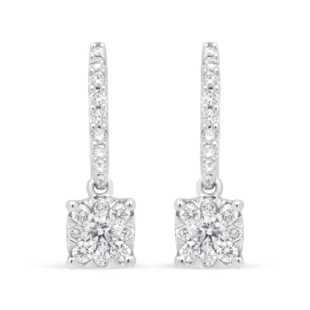 14k white gold 1/2 cttw diamond halo dangle hook earrings bijoux-nyc direct