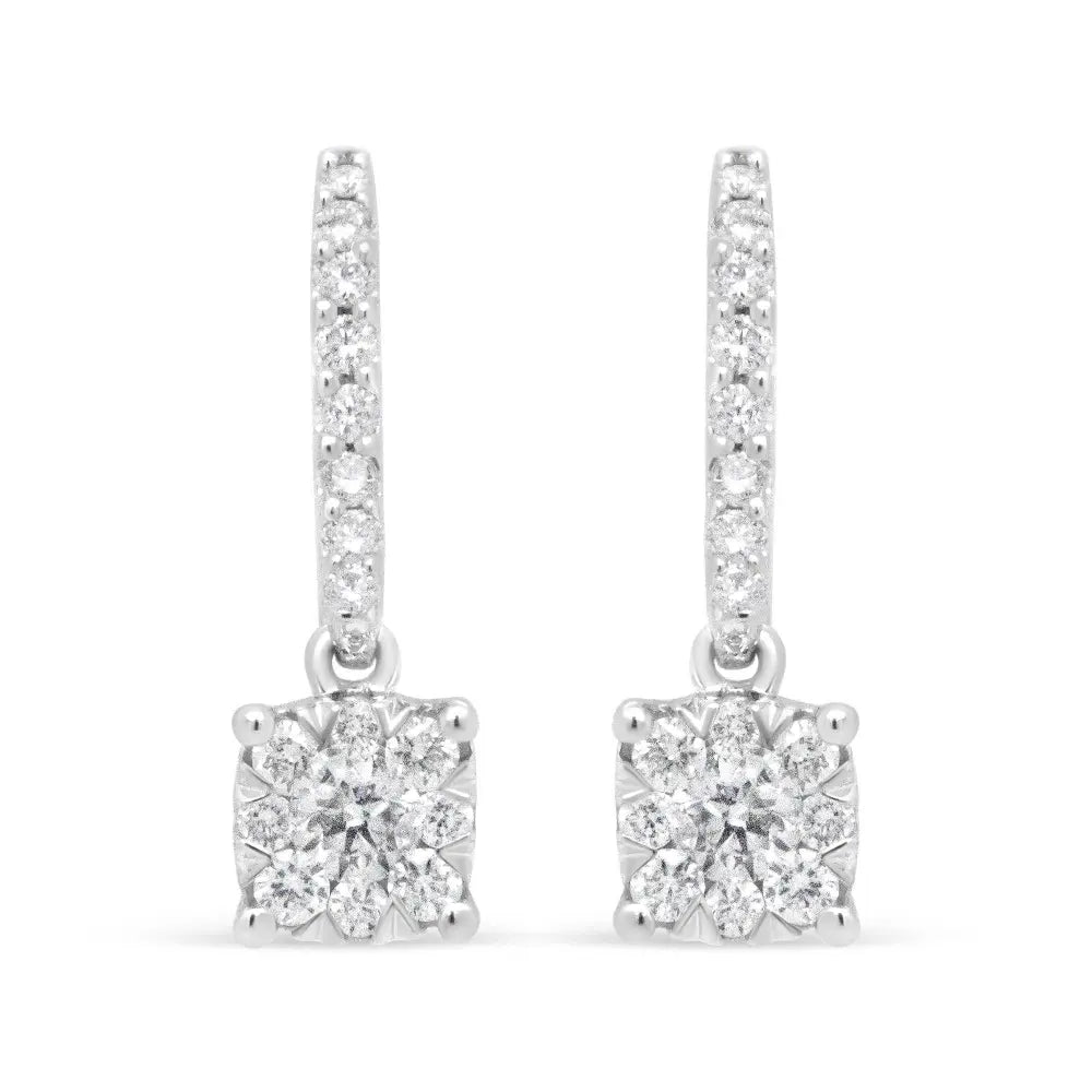 14K White 1/2 Cttw Round Diamond Halo Dangle Hook Earring - (H-I Color, SI2-I1 Clarity) - Bijoux-NYC Direct