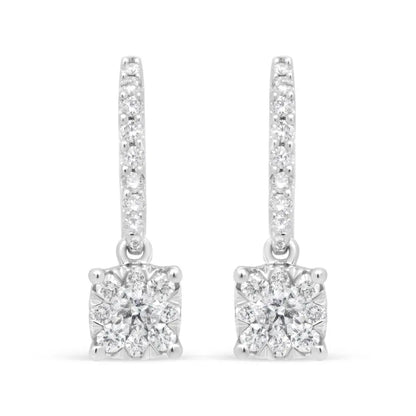 14K White 1/2 Cttw Round Diamond Halo Dangle Hook Earring - (H-I Color, SI2-I1 Clarity) - Bijoux-NYC Direct