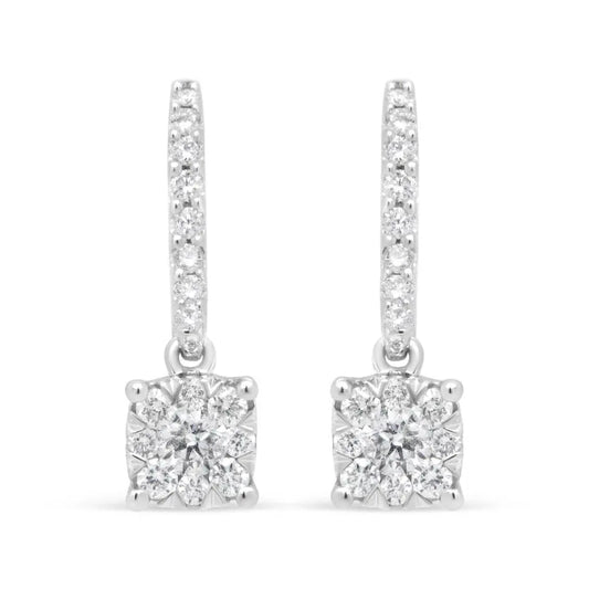 14K White 1/2 Cttw Round Diamond Halo Dangle Hook Earring - (H-I Color, SI2-I1 Clarity) - Bijoux-NYC Direct
