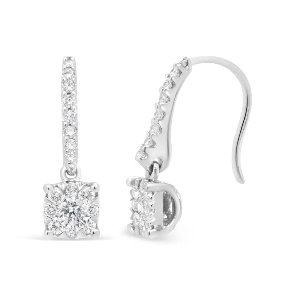 14k white gold 1/2 cttw diamond halo dangle hook earrings bijoux-nyc direct