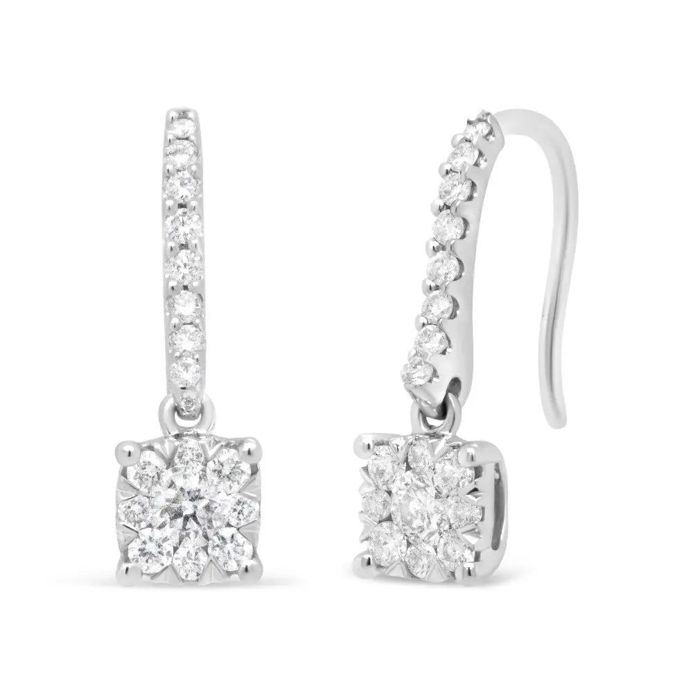 14k white gold 1/2 cttw diamond halo dangle hook earrings bijoux-nyc direct