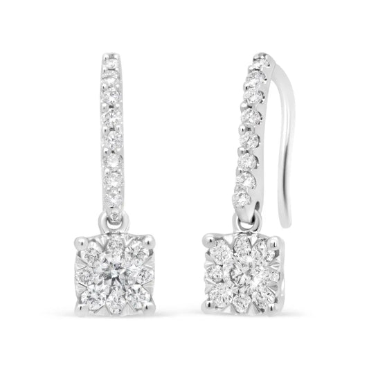 14K White 1/2 Cttw Round Diamond Halo Dangle Hook Earring - (H-I Color, SI2-I1 Clarity) - Bijoux-NYC Direct