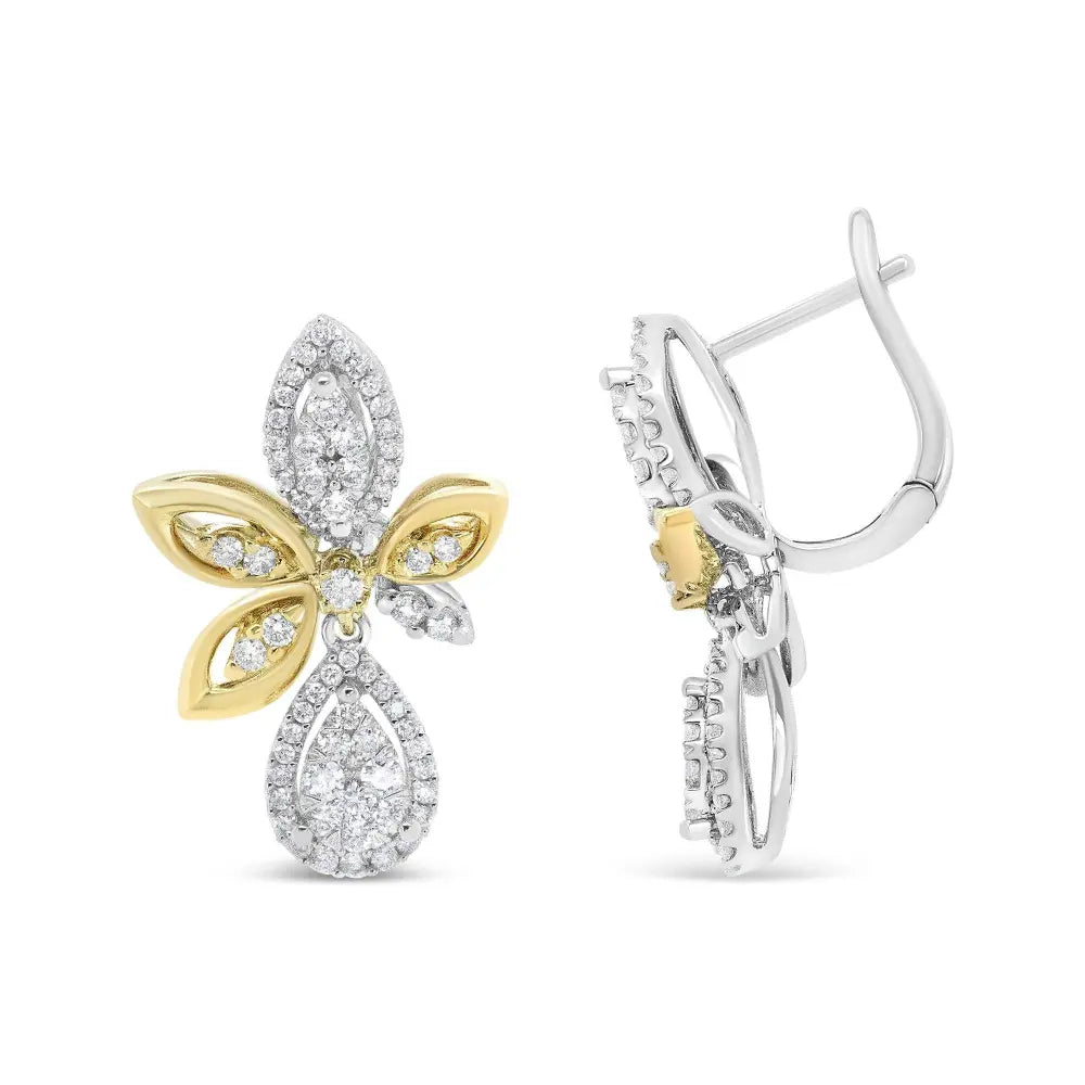 14K White and Yellow Gold 1.00 Cttw Round Pave-Set Diamond Teardrop and Marquise Shape Drop Dangle Earrings (H-I Color, SI1-SI2 Clarity) - Bijoux-NYC Direct
