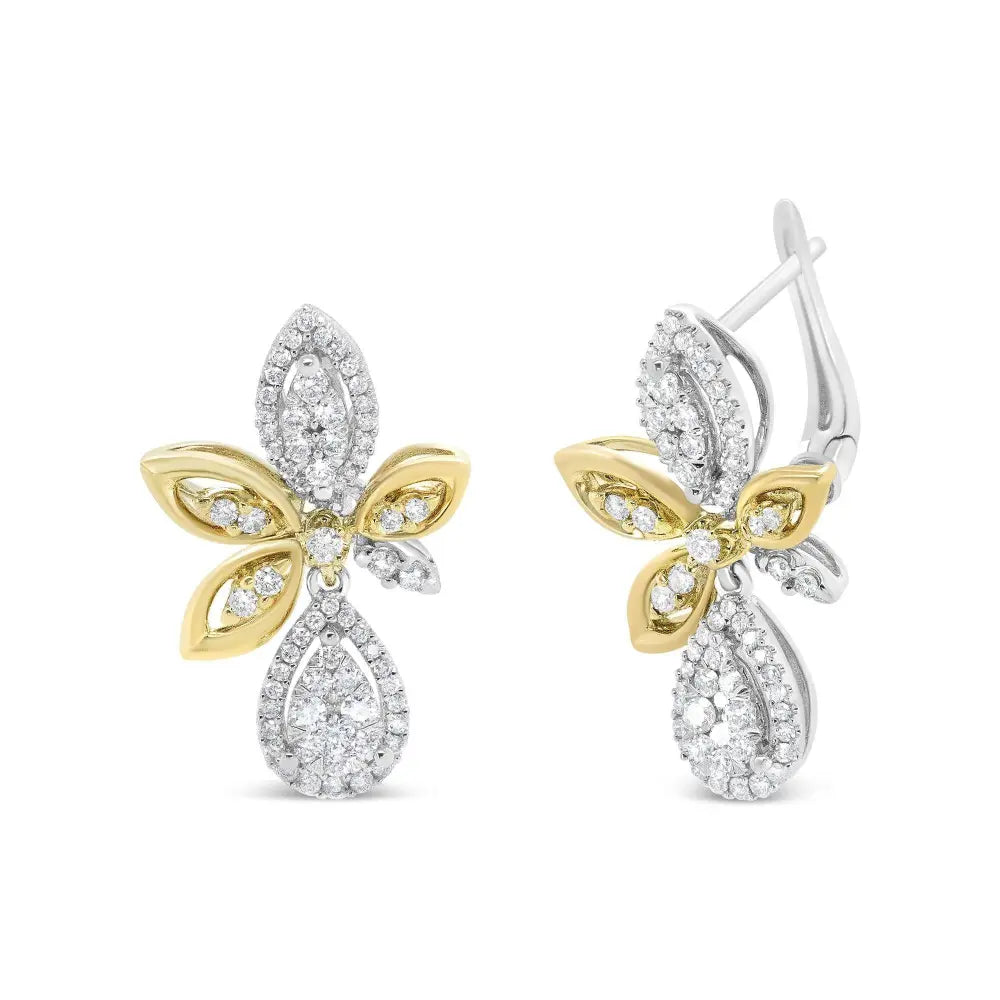 14K White and Yellow Gold 1.00 Cttw Round Pave-Set Diamond Teardrop and Marquise Shape Drop Dangle Earrings (H-I Color, SI1-SI2 Clarity) - Bijoux-NYC Direct