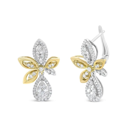 14K White and Yellow Gold 1.00 Cttw Round Pave-Set Diamond Teardrop and Marquise Shape Drop Dangle Earrings (H-I Color, SI1-SI2 Clarity) - Bijoux-NYC Direct