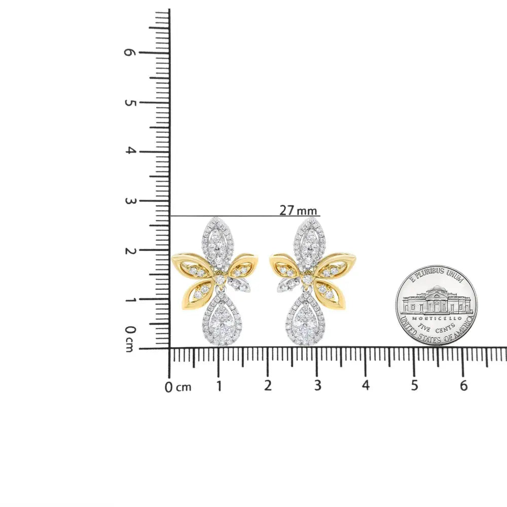 14K White and Yellow Gold 1.00 Cttw Round Pave-Set Diamond Teardrop and Marquise Shape Drop Dangle Earrings (H-I Color, SI1-SI2 Clarity) - Bijoux-NYC Direct