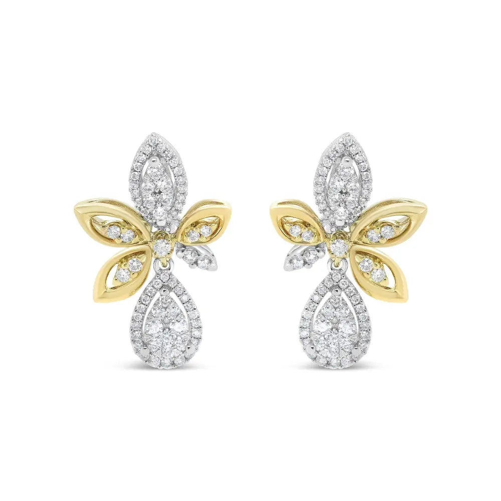 14K White and Yellow Gold 1.00 Cttw Round Pave-Set Diamond Teardrop and Marquise Shape Drop Dangle Earrings (H-I Color, SI1-SI2 Clarity) - Bijoux-NYC Direct