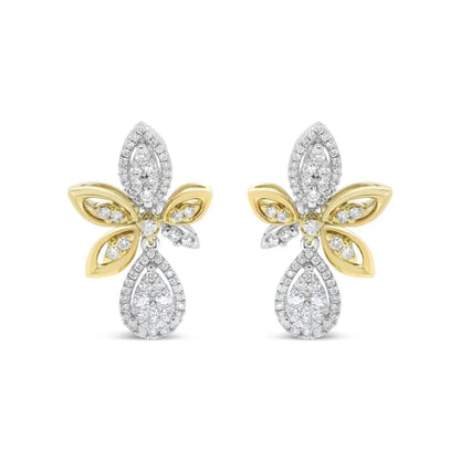 14K White and Yellow Gold 1.00 Cttw Round Pave-Set Diamond Teardrop and Marquise Shape Drop Dangle Earrings (H-I Color, SI1-SI2 Clarity) - Bijoux-NYC Direct