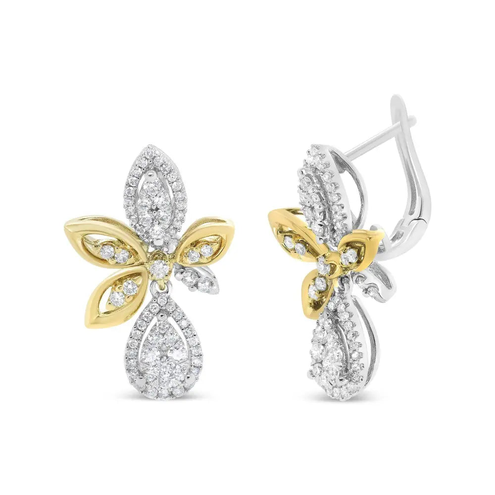 14K White and Yellow Gold 1.00 Cttw Round Pave-Set Diamond Teardrop and Marquise Shape Drop Dangle Earrings (H-I Color, SI1-SI2 Clarity) - Bijoux-NYC Direct