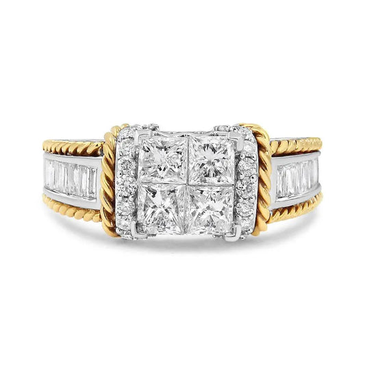 14K White and Yellow Gold 1 1/2 Cttw Invisible Set Princess-Cut Diamond Quad Style Engagement Ring (H-I Color, SI2-I1 Clarity) - Bijoux-NYC Direct