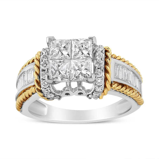 14K White and Yellow Gold 1 1/2 Cttw Invisible Set Princess-Cut Diamond Quad Style Engagement Ring (H-I Color, SI2-I1 Clarity) - Bijoux-NYC Direct