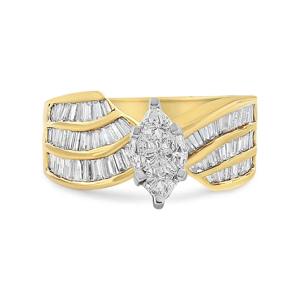 14K White and Yellow Gold 1 1/4 Cttw Pie and Baguette-Cut Diamond Marquise Shape Engagement Bypass Ring (H-I Color, VS1-VS2 Clarity) - Bijoux-NYC Direct