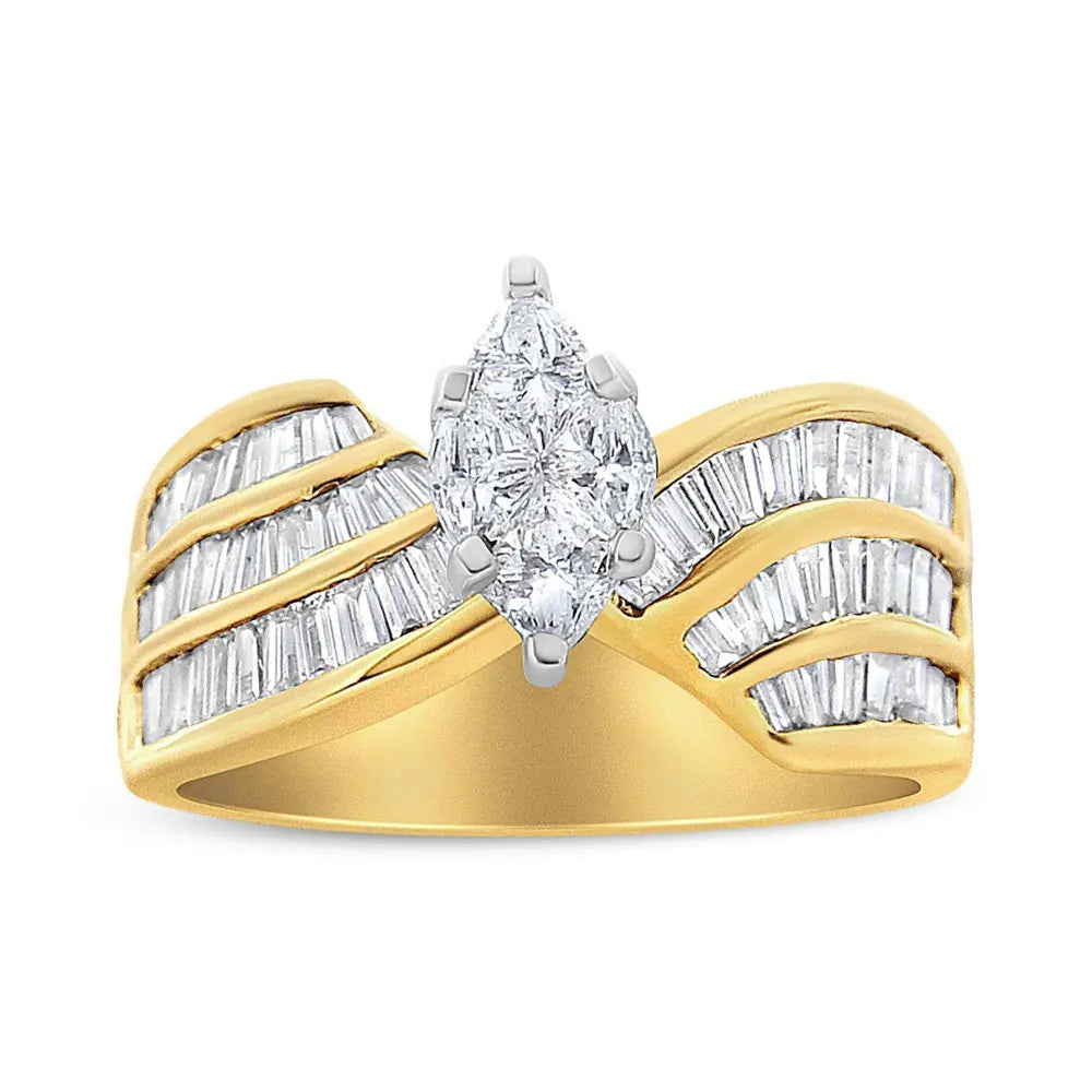 14K White and Yellow Gold 1 1/4 Cttw Pie and Baguette-Cut Diamond Marquise Shape Engagement Bypass Ring (H-I Color, VS1-VS2 Clarity) - Bijoux-NYC Direct