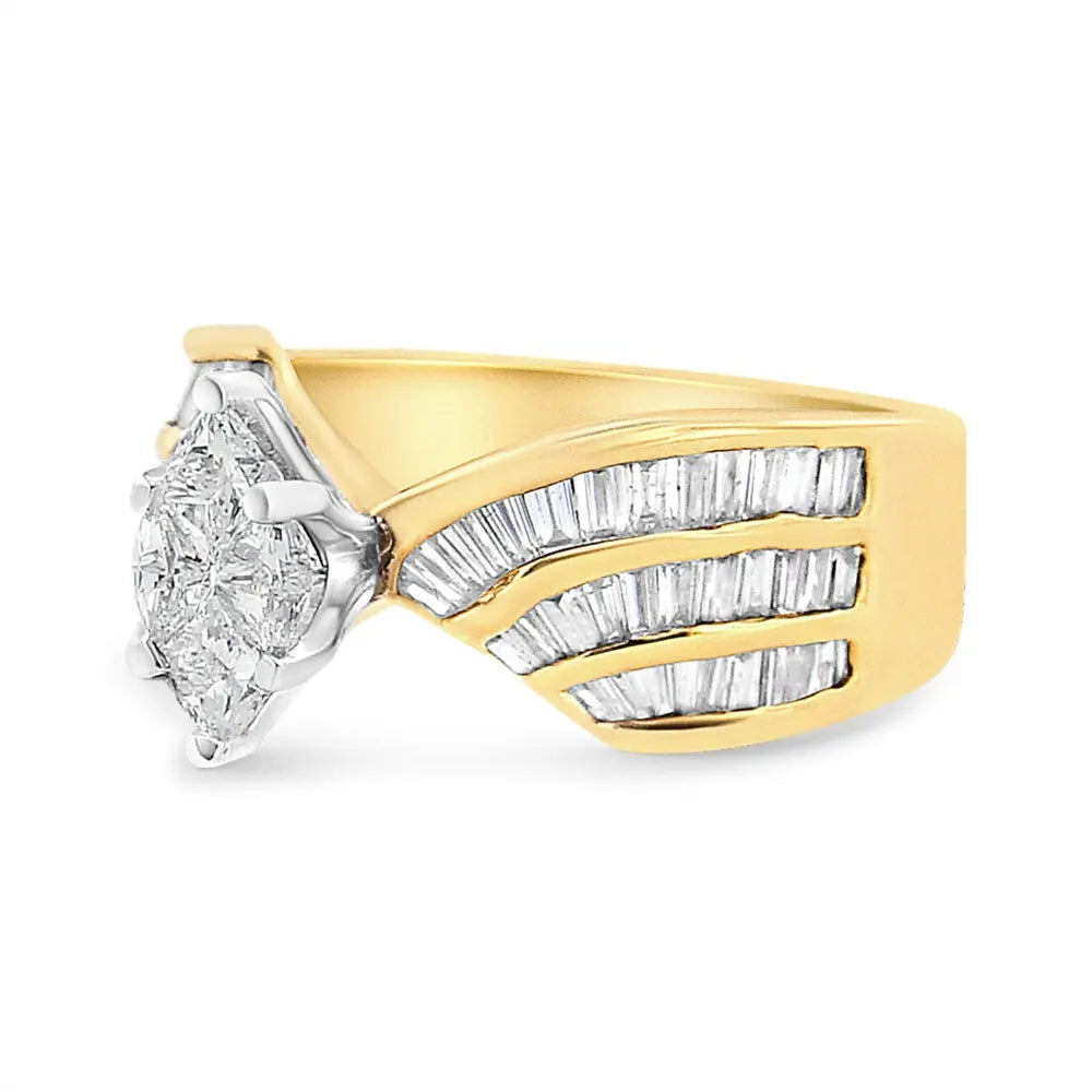 14K White and Yellow Gold 1 1/4 Cttw Pie and Baguette-Cut Diamond Marquise Shape Engagement Bypass Ring (H-I Color, VS1-VS2 Clarity) - Bijoux-NYC Direct