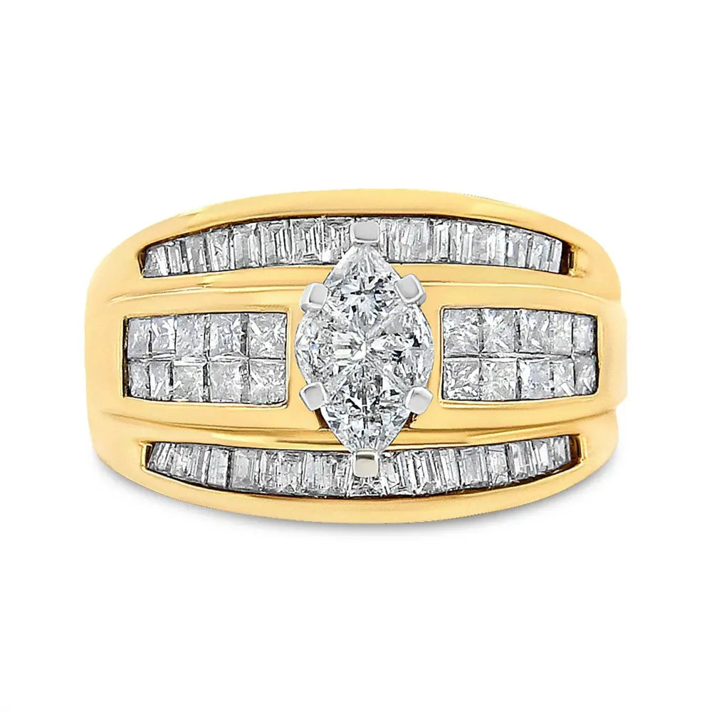 14K White and Yellow Gold 1 1/4 Cttw Pie and Baguette-Cut Diamond Marquise Shape Engagement Bypass Ring (H-I Color, VS1-VS2 Clarity) - Bijoux-NYC Direct