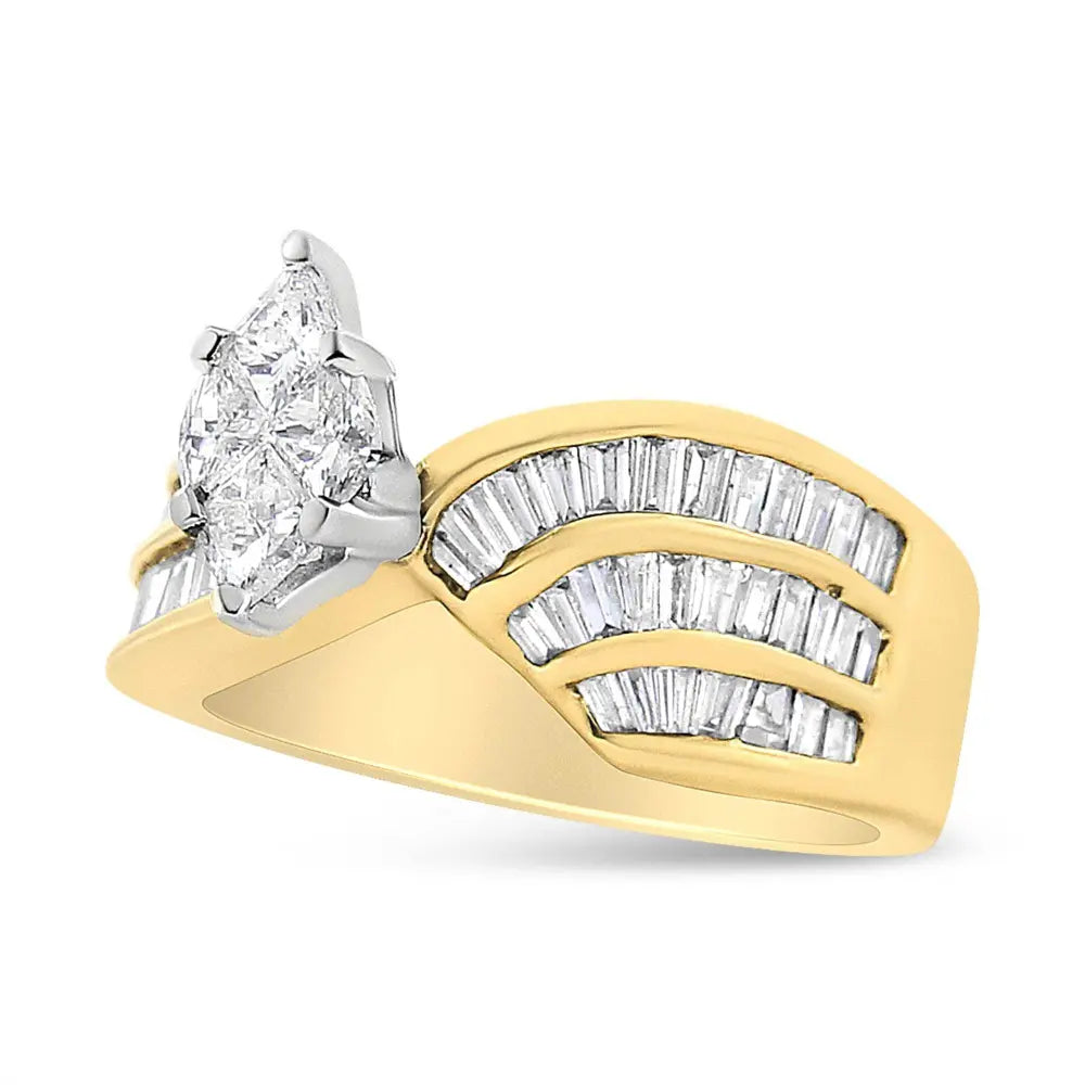 14K White and Yellow Gold 1 1/4 Cttw Pie and Baguette-Cut Diamond Marquise Shape Engagement Bypass Ring (H-I Color, VS1-VS2 Clarity) - Bijoux-NYC Direct