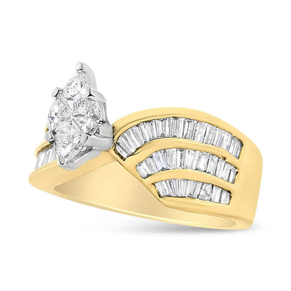 14K White and Yellow Gold 1 1/4 Cttw Pie and Baguette-Cut Diamond Marquise Shape Engagement Bypass Ring (H-I Color, VS1-VS2 Clarity) - Bijoux-NYC Direct