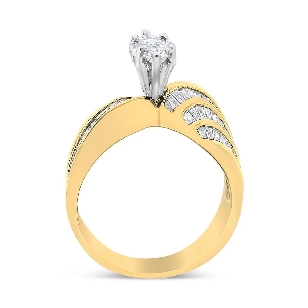 14K White and Yellow Gold 1 1/4 Cttw Pie and Baguette-Cut Diamond Marquise Shape Engagement Bypass Ring (H-I Color, VS1-VS2 Clarity) - Bijoux-NYC Direct