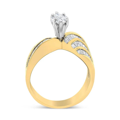 14K White and Yellow Gold 1 1/4 Cttw Pie and Baguette-Cut Diamond Marquise Shape Engagement Bypass Ring (H-I Color, VS1-VS2 Clarity) - Bijoux-NYC Direct