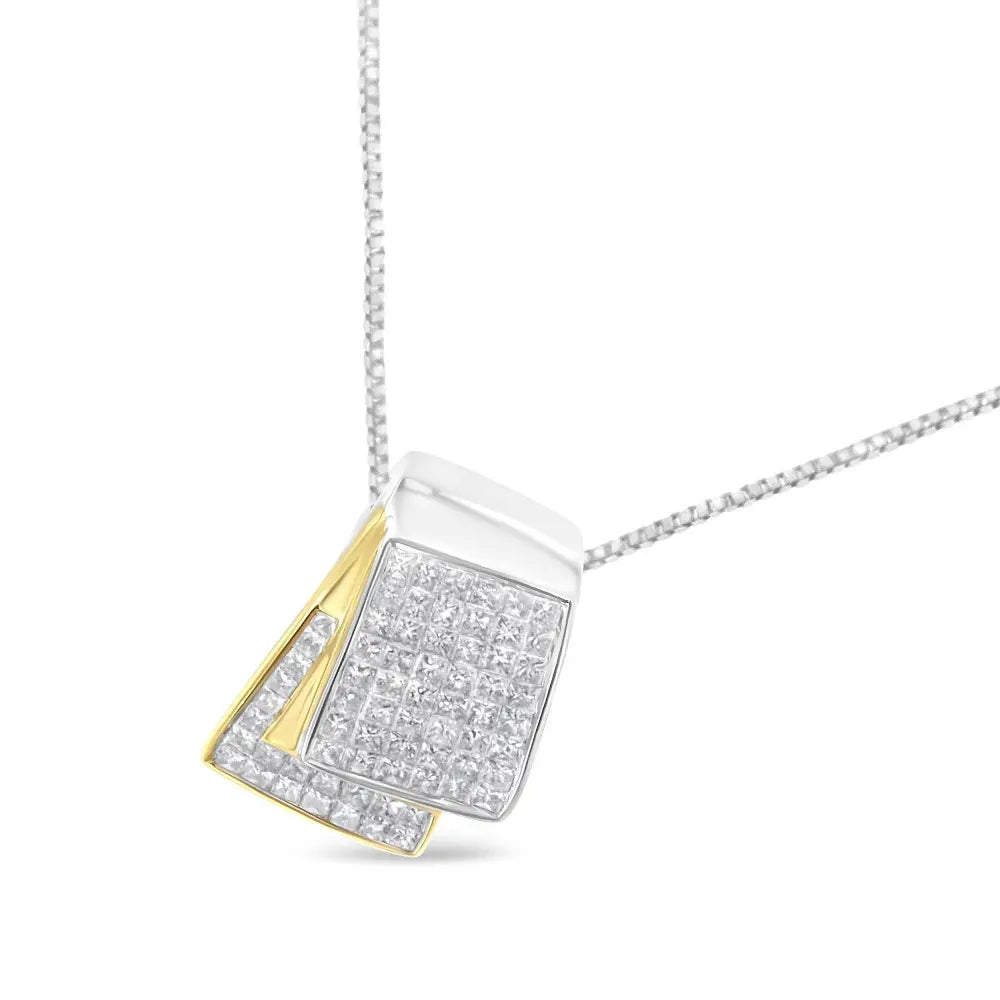 14K White and Yellow Gold 2.0 Cttw Princess Cut Diamond Two Tone Foldover Box Pendant 18” Box Chain Necklace (H-I Color, SI1-SI2 Clarity) - Bijoux-NYC Direct