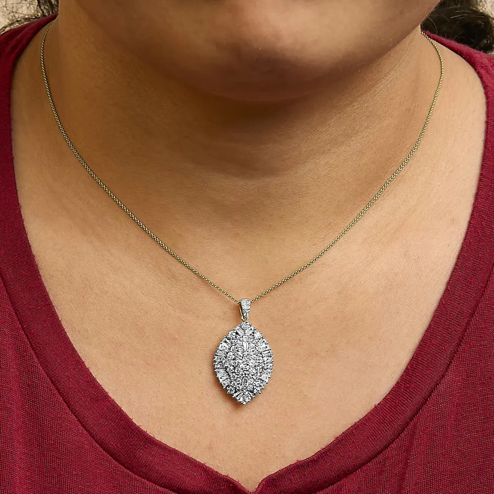14k white and yellow gold 2.00 cttw diamond cluster pear shaped pendant necklace (g h color si2 i1 clarity) 20’’ inches