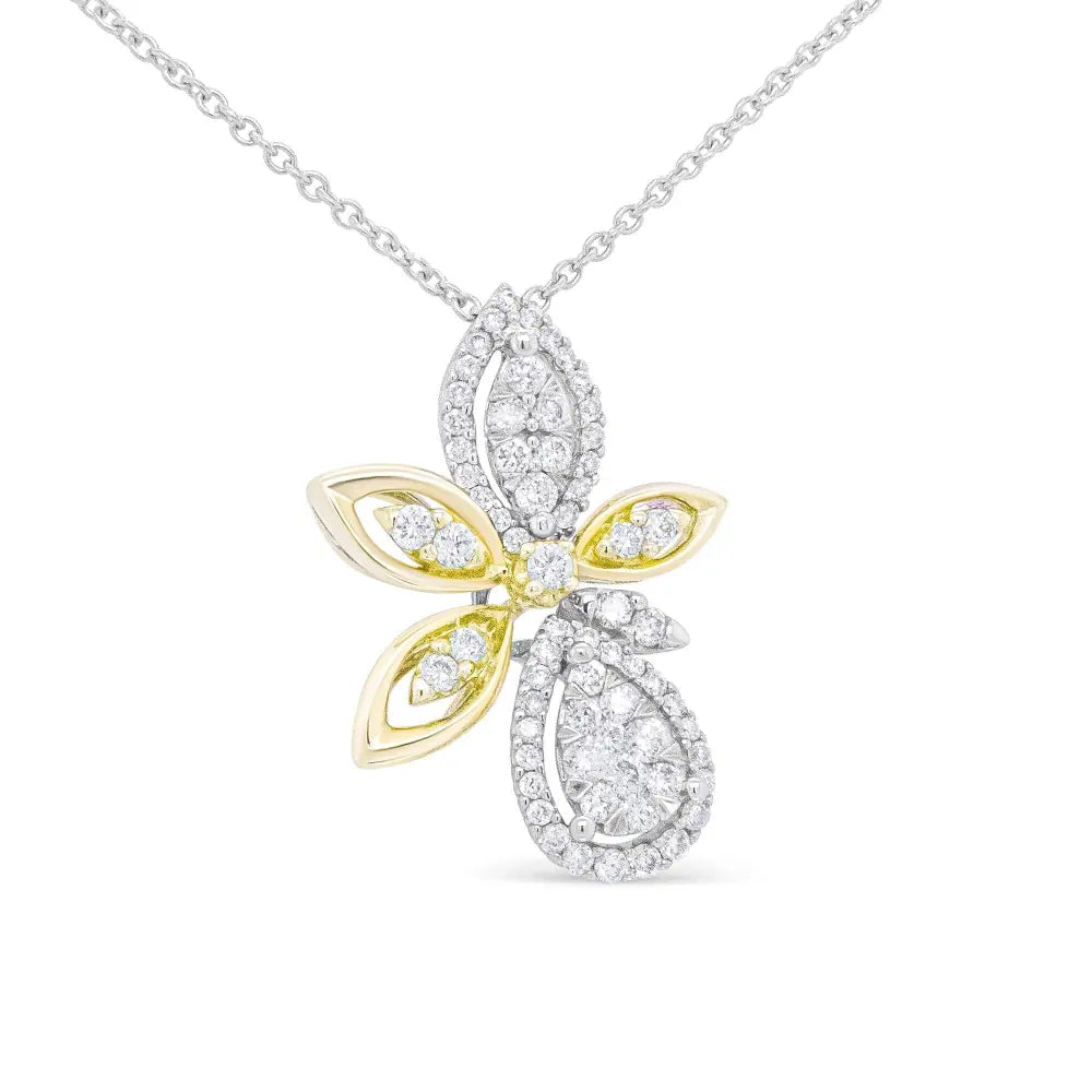 14K White and Yellow Gold 5/8 Cttw Round Diamond Marquise Floral Style 18" Pendant Necklace (H-I Color, I1-I2 Clarity) - Bijoux-NYC Direct