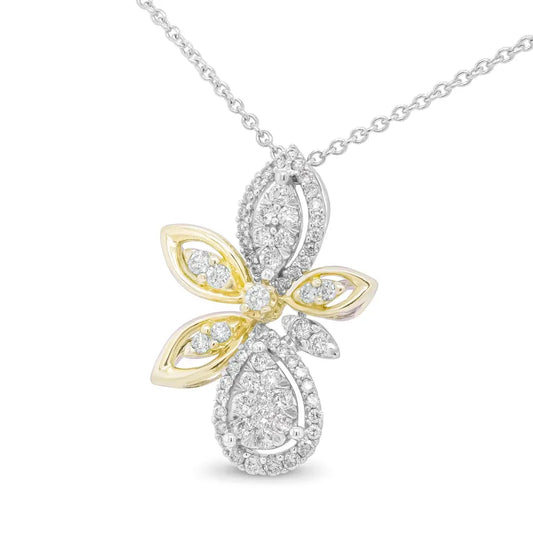 14K White and Yellow Gold 5/8 Cttw Round Diamond Marquise Floral Style 18" Pendant Necklace (H-I Color, I1-I2 Clarity) - Bijoux-NYC Direct