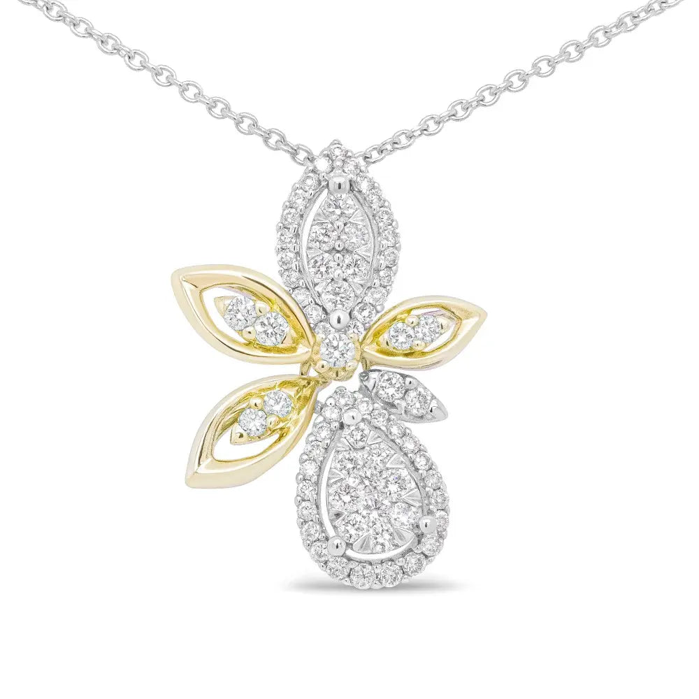 14K White and Yellow Gold 5/8 Cttw Round Diamond Marquise Floral Style 18" Pendant Necklace (H-I Color, I1-I2 Clarity) - Bijoux-NYC Direct