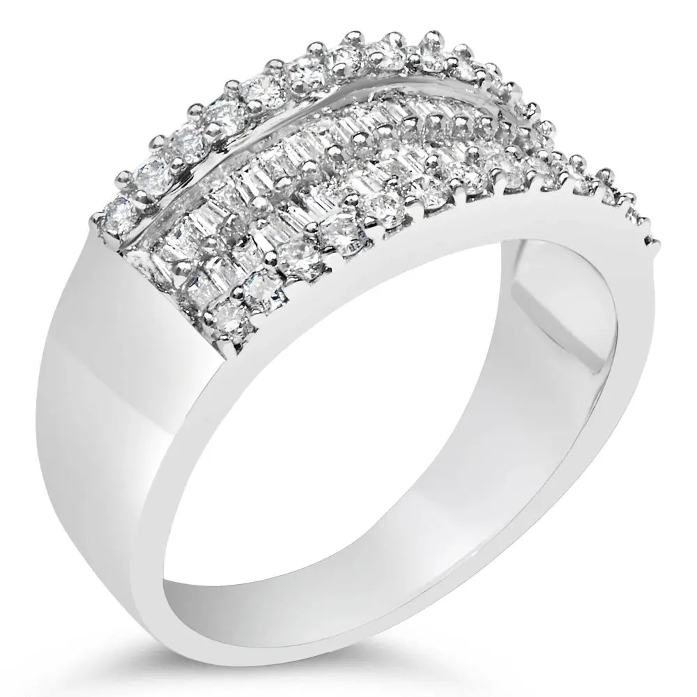 14K White Gold 1.0 Cttw 4 Row Round Baguette Diamond Band Ring (H-I Color, SI1-SI2 Clarity) - Ring Size 7 - Bijoux-NYC Direct