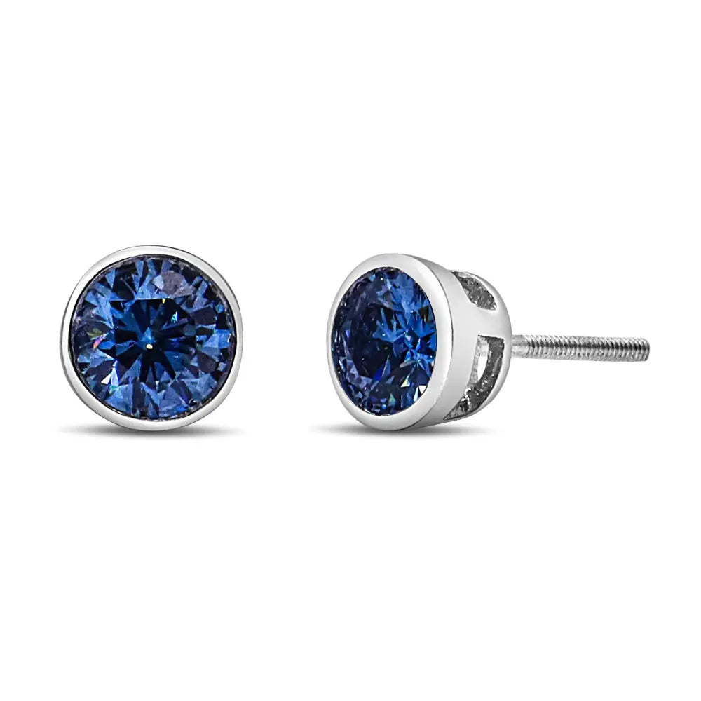 14K White Gold 1.0 Cttw Blue Lab Grown Diamond Screw-Back Classic Bezel Solitaire Stud Earrings (Blue Color, VS2-SI1 Clarity) - Bijoux-NYC Direct