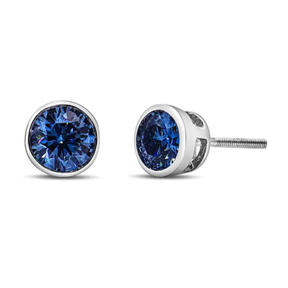 14K White Gold 1.0 Cttw Blue Lab Grown Diamond Screw-Back Classic Bezel Solitaire Stud Earrings (Blue Color, VS2-SI1 Clarity) - Bijoux-NYC Direct
