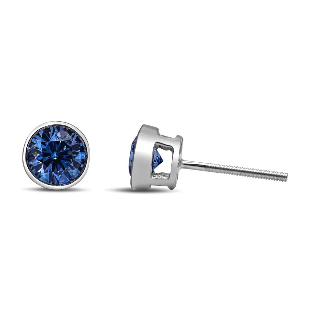 14K White Gold 1.0 Cttw Blue Lab Grown Diamond Screw-Back Classic Bezel Solitaire Stud Earrings (Blue Color, VS2-SI1 Clarity) - Bijoux-NYC Direct