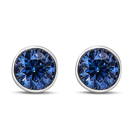 14K White Gold 1.0 Cttw Blue Lab Grown Diamond Screw-Back Classic Bezel Solitaire Stud Earrings (Blue Color, VS2-SI1 Clarity) - Bijoux-NYC Direct