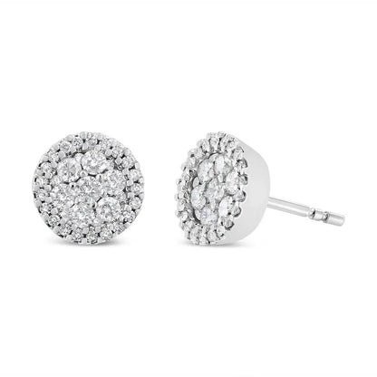 14K White Gold 1.0 Cttw Brilliant-Cut Diamond Halo-Style Cluster Round Button Stud Earrings (H-I Color, I1-I2 Clarity) - Bijoux-NYC Direct