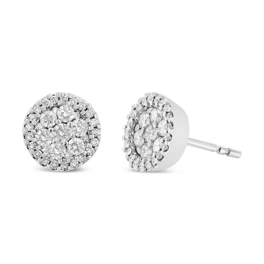 14K White Gold 1.0 Cttw Brilliant-Cut Diamond Halo-Style Cluster Round Button Stud Earrings (H-I Color, I1-I2 Clarity) - Bijoux-NYC Direct