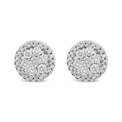 14K White Gold 1.0 Cttw Brilliant-Cut Diamond Halo-Style Cluster Round Button Stud Earrings (H-I Color, I1-I2 Clarity) - Bijoux-NYC Direct