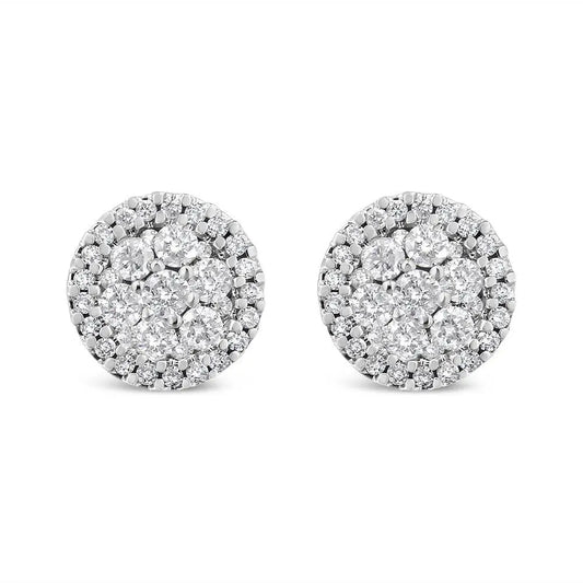 14K White Gold 1.0 Cttw Brilliant-Cut Diamond Halo-Style Cluster Round Button Stud Earrings (H-I Color, I1-I2 Clarity) - Bijoux-NYC Direct