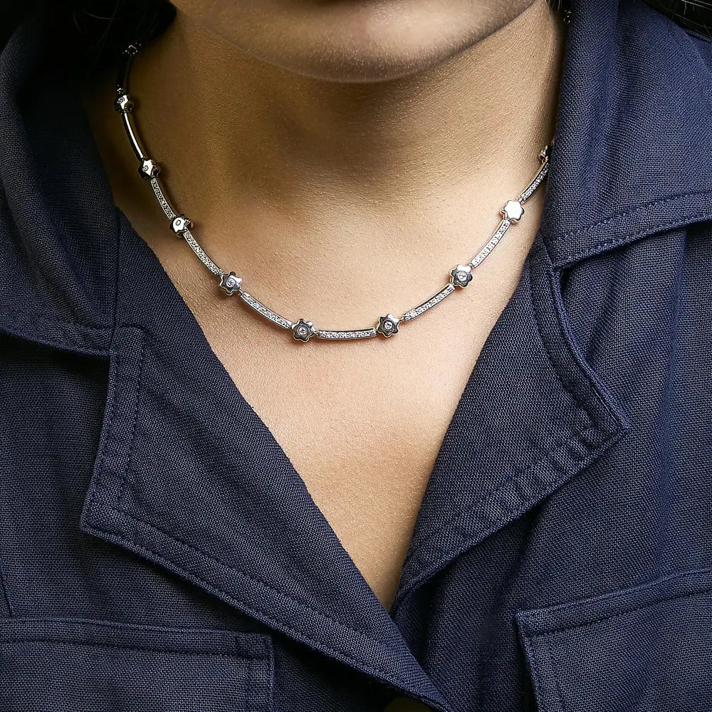 1.0 cttw diamond flower and bar station necklace in 14k white gold bijoux-nyc direct