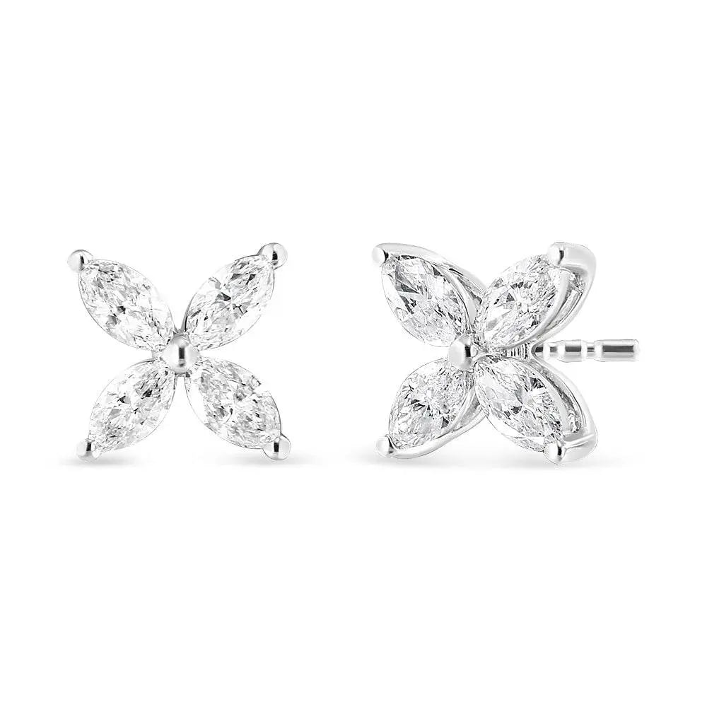 14K White Gold 1.0 Cttw Marquise Diamond 8 Stone Floral Leaf Stud Earrings (H-I Color, SI2-I1 Clarity) - Bijoux-NYC Direct